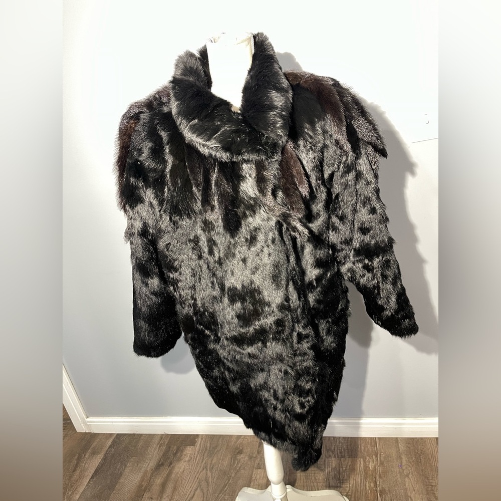 Genuine rabbit Luxurious‎ Black  Fur Coat